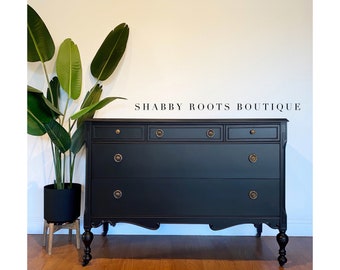 SOLD- Matte Black Antique Dresser chest of drawers Gustavian modern farmhouse style - changing table San Francisco