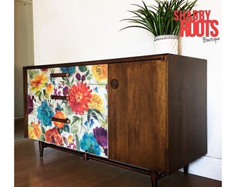 SOLD- Mid Century Modern low credenza dresser,Buffet cabinet, sideboard. Vintage Walnut and Floral re- design. San Francisco