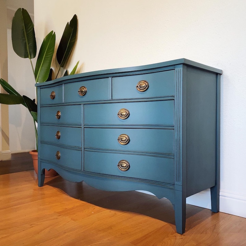 SOLD Antique federal bow front double dresser chest of drawers in beautiful indigo blue San Francisco, California image 3