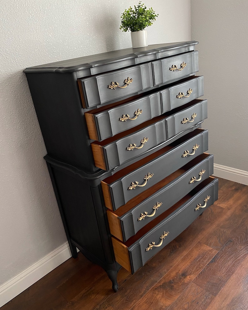 SOLD Charcoal Black French Provincial tall dresser chest of drawers. Vintage solid wood San Francisco CA image 4