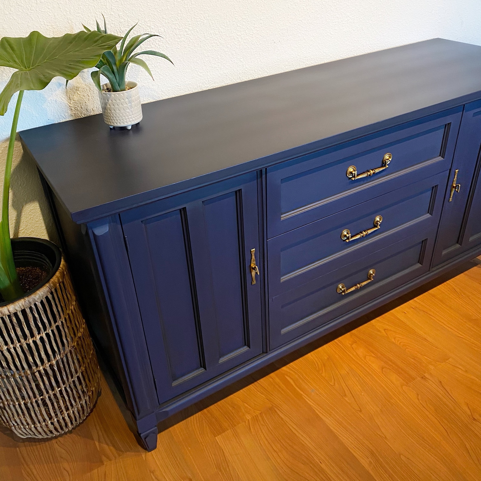 SOLD Dark Blue Vintage Buffet Mid Century Sideboard Credenza