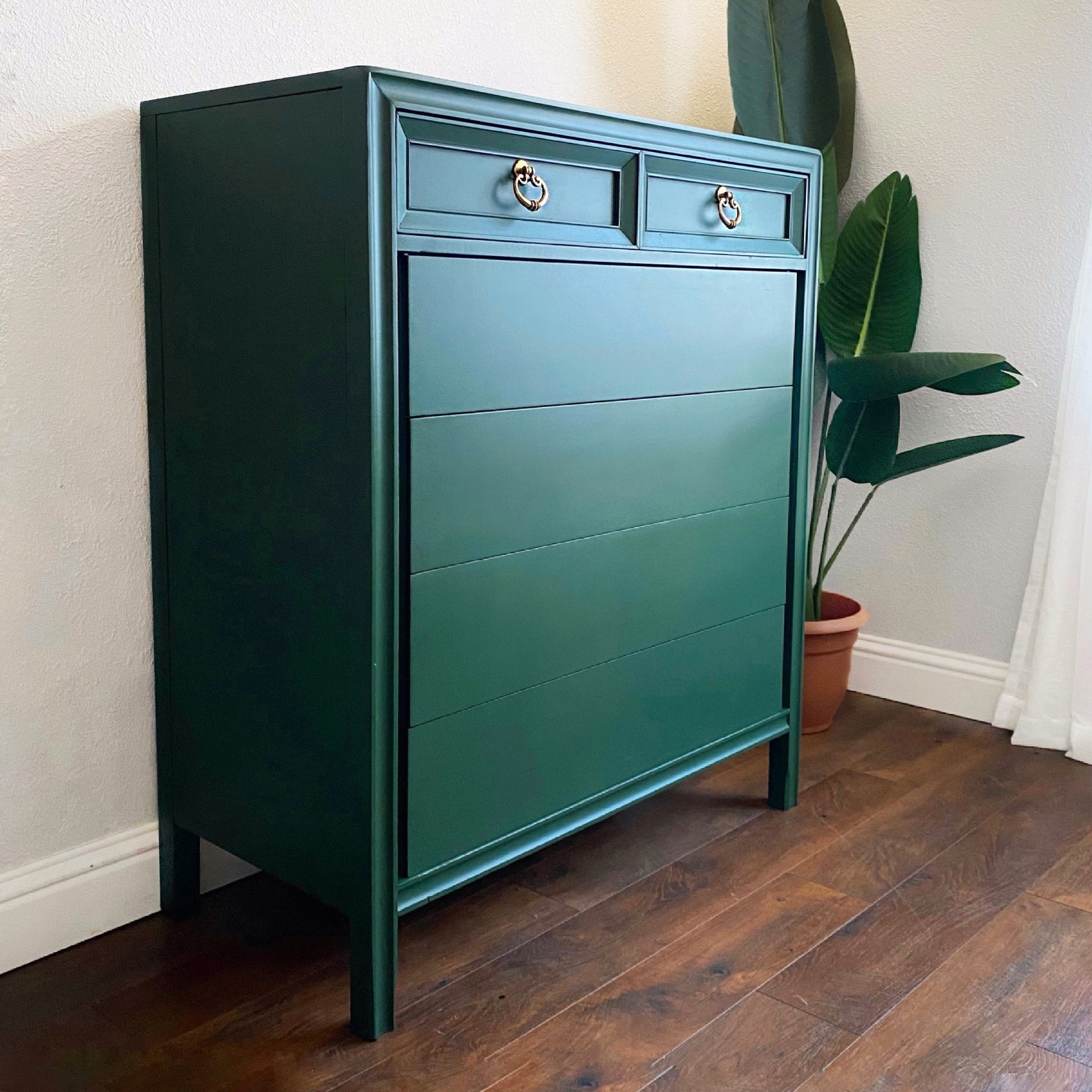 SOLD Emerald Green Tall dresser chest of drawers vintage Mid Etsy
