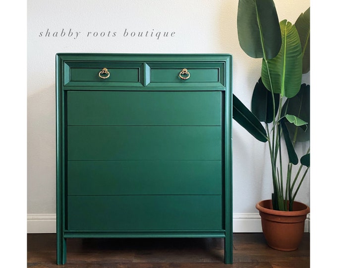 SOLD Emerald Green Tall Dresser Chest of Drawers Vintage Mid Century