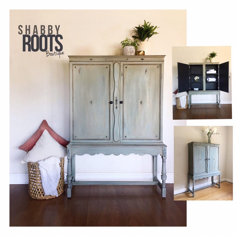 New Antique Farmhouse Cabinet Linen Storage Nursery Pantry Dininng Room Shabby Chic Distressed Duck Egg Blue Jacobean Armoire Chest