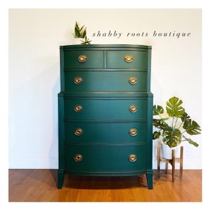 SOLD- Emerald green tall dresser chest of drawers - vintage antique mahogany bow front with gold handles - San Francisco CA