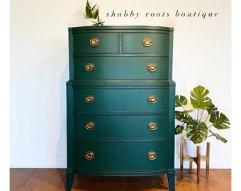 SOLD- Emerald green tall dresser chest of drawers - vintage antique mahogany bow front with gold handles - San Francisco CA