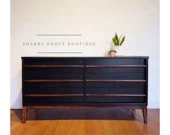 SOLD- Mid Century Modern vintage low boy long dresser with 6 drawers- black and walnut chest of drawers San Francisco CA