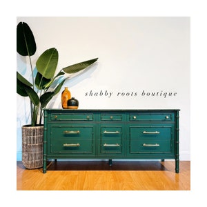 SOLD-Vintage Emerald Green long Dresser mid Century Modern Thomasville faux Bamboo low boy chest • San Francisco, CA •