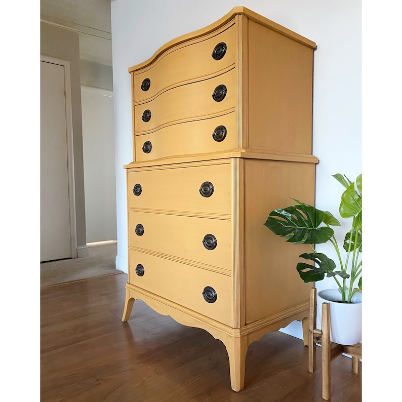 SOLD- Gorgeous Mustard Yellow Tall Dresser Chest of Drawers Antique Mahogany Bow Front Wood. San ...