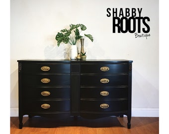 Black Dresser- classic black bowfront antique dresser by Dixie. Mahogany curved front chest of drawers. San Francisco