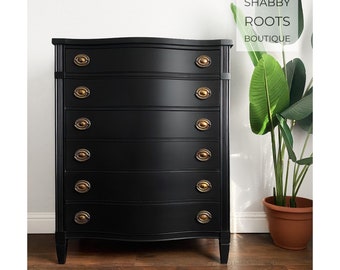 SOLD Tall black vintage dresser chest of drawers antique bow front mahogany bureau San Francisco CA