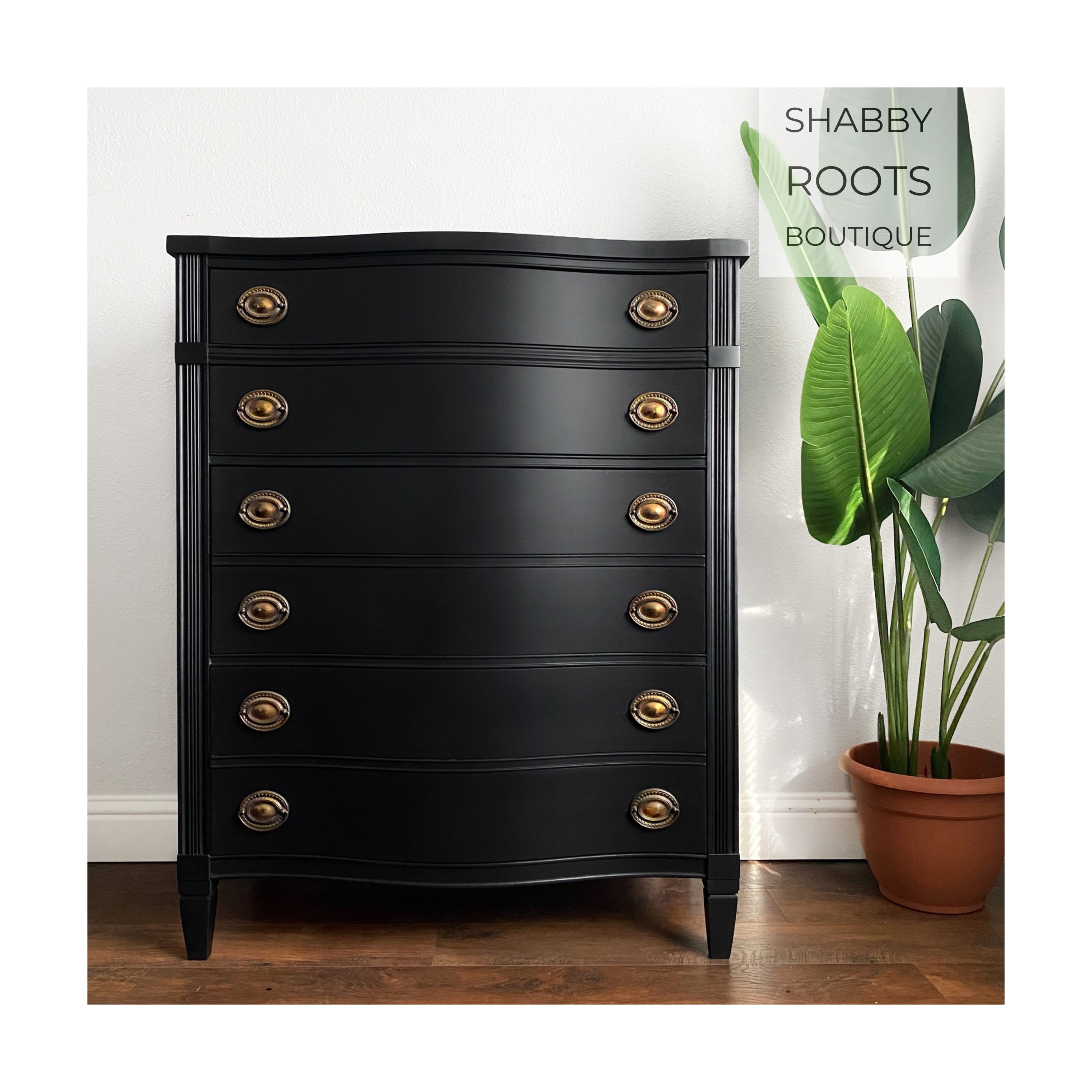 SOLD Tall Black Vintage Dresser Chest of Drawers Antique Bow Front