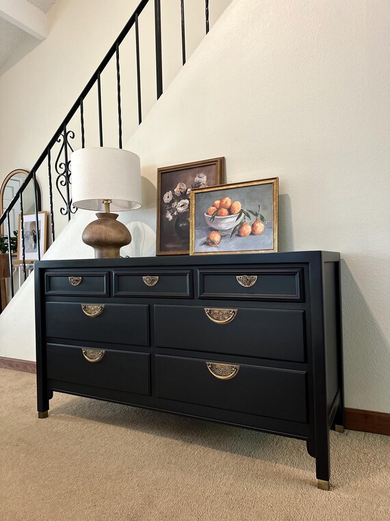 Vintage Modern Black Dresser Chest of Drawers. Mid Century Credenza Black  and Brass Chinoiserie Chic - San Francisco Bay Area - Etsy