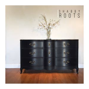 SOLD-Black French Provincial triple Dresser vintage by Bassett. Bow front curvery drawers- polished brass hardware. San Francisco Bay Area