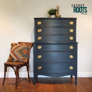 SOLD Vintage antique Tall dresser bow front chest of drawers slate grey blue charcoal. Modern chic. San Francisco Bay Area image 3