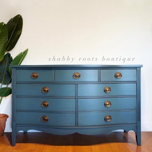 SOLD Antique federal bow front double dresser chest of drawers in beautiful indigo blue San Francisco, California image 2