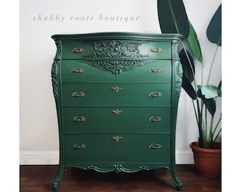 SOLD- Antique Tall Dresser Chest of drawers Emerald green fancy bombe Bombay Rococo French boroque chest San Francisco Bay Area