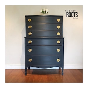 SOLD- Vintage antique Tall dresser bow front chest of drawers slate grey blue charcoal. Modern chic. San Francisco Bay Area