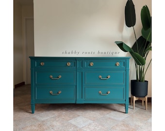 SOLD- Stunning Blue Green Mid Century Modern Dresser - vintage turquoise chest of drawers by Drexel. San Francisco, CA