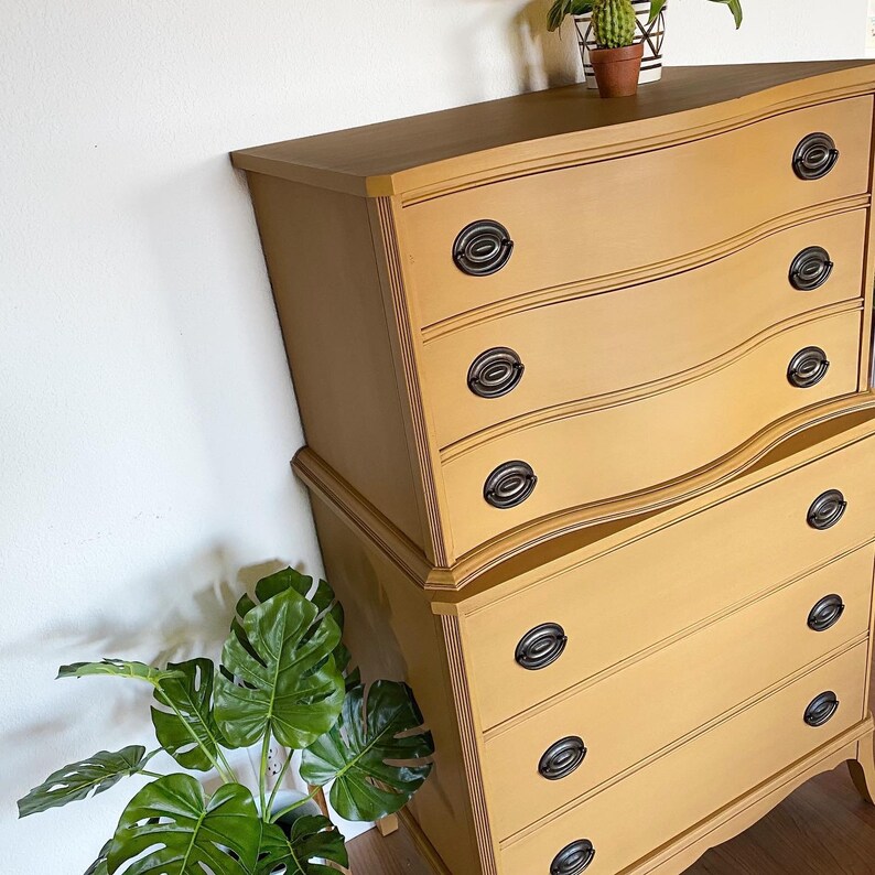 SOLD- Gorgeous Mustard Yellow Tall Dresser Chest of Drawers Antique Mahogany Bow Front Wood. San ...