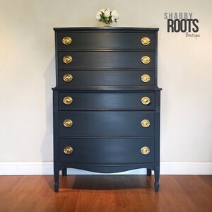SOLD Vintage antique Tall dresser bow front chest of drawers slate grey blue charcoal. Modern chic. San Francisco Bay Area image 5