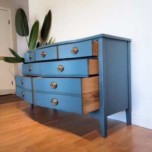 SOLD Antique federal bow front double dresser chest of drawers in beautiful indigo blue San Francisco, California image 6