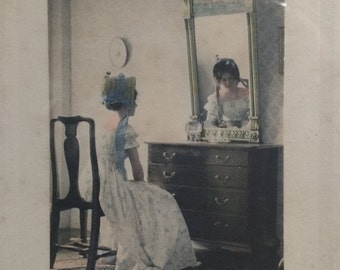 Antique Framed Hand Colored Photograph the Lady in the Mirror by
