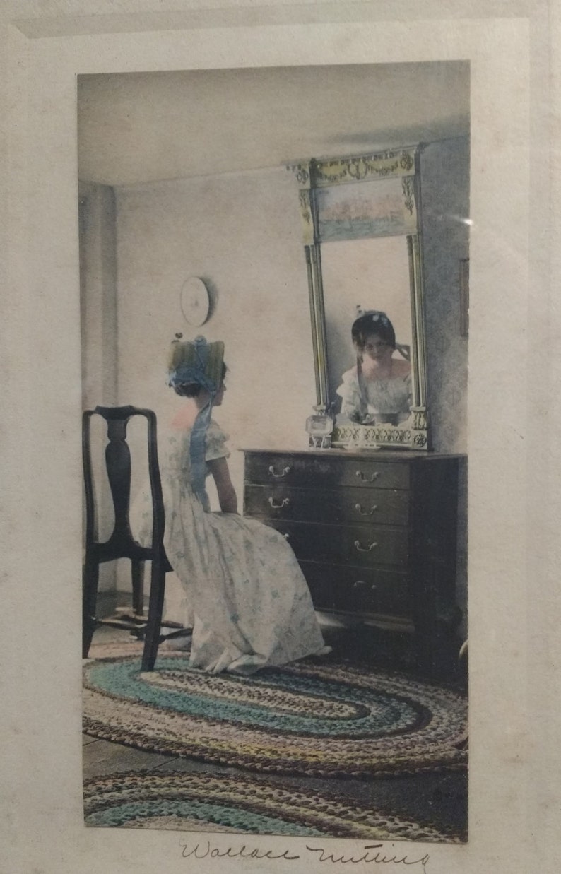 Antique Framed Hand Colored Photograph The Lady in the Mirror by Wallace Nutting, Signed c.1910s image 2