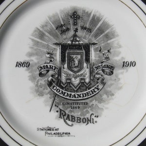 RARE Antique Mary Commandery No. 36, Knights Templar of Pennsylvania Rabboni Masonic Commemorative Porcelain Plate 1869-1910