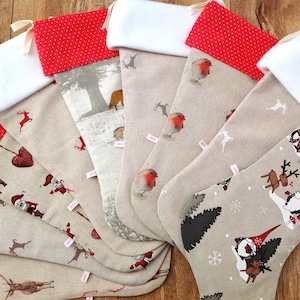 Christmas Stockings REDUCED!, Linen Mix Stockings, Xmas Stockings, Santa Stockings, Deer Stocking, Robin Stocking, Handmade in UK, Name Tag