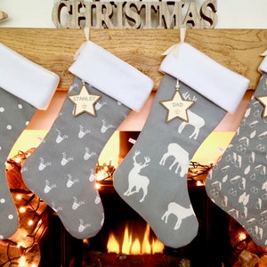 Christmas Stockings REDUCED!, Handmade Xmas Stocking, Grey Christmas Stockings, Stag Stocking, Reindeer Stocking, Personalised, Made in UK