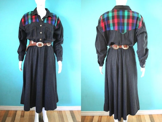 Western Dress 1980's Black Chambray Western Dress… - image 1
