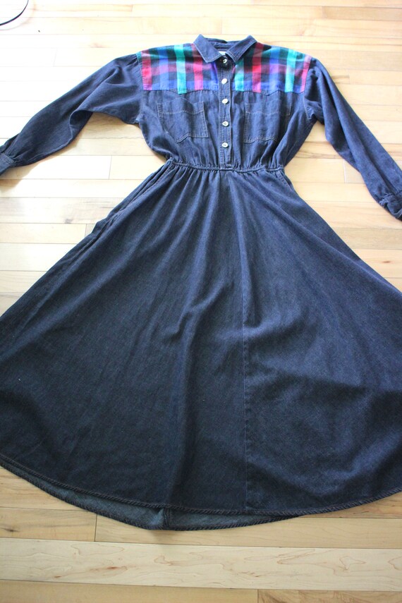 Western Dress 1980's Black Chambray Western Dress… - image 9