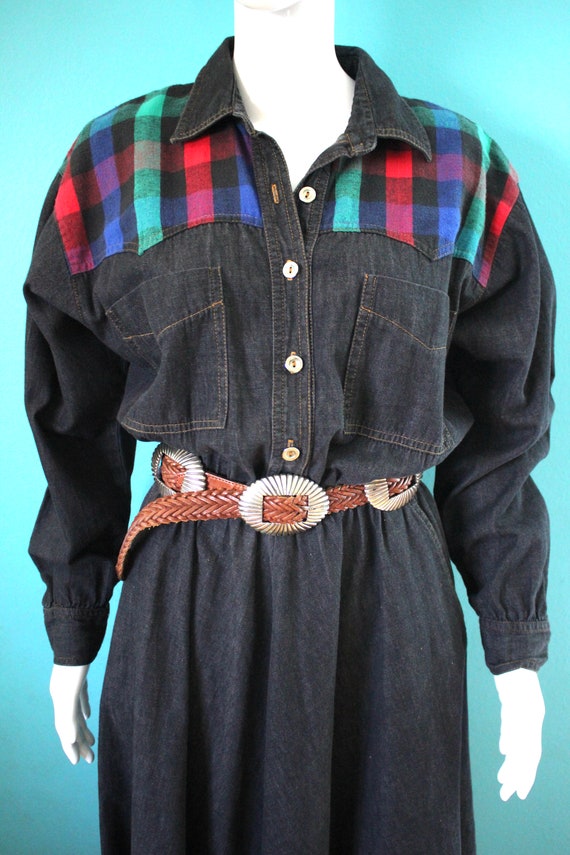 Western Dress 1980's Black Chambray Western Dress… - image 3