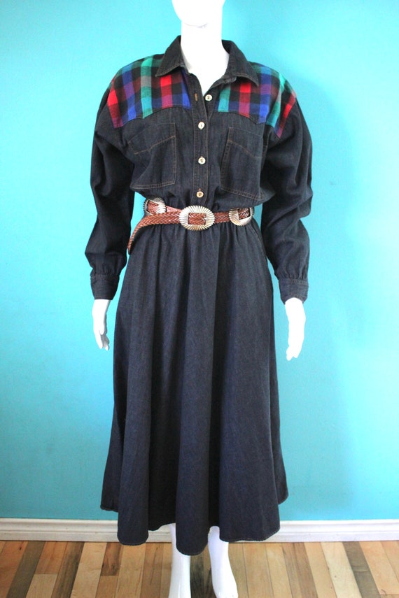 Western Dress 1980's Black Chambray Western Dress… - image 2