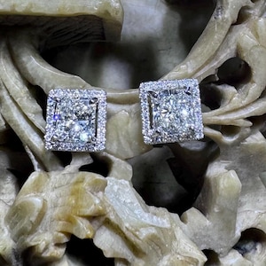 EGL Certified 14kt White Gold Rectangular Modified Brilliant Diamond Halo Studs