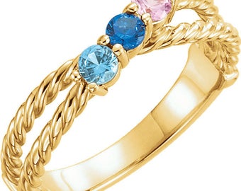 Any Color 14kt Gold 1 to 6 Family Birthstone Rope Style Ring