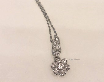 Vintage Style 14kt White Gold Diamond Flower Necklace- Has Matching Earrings
