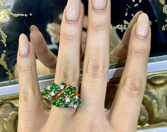 18kt White And Yellow Gold Waterfall Cluster-Style Tsavorite And Diamond Ring