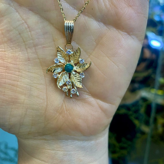 Vintage 14kt Yellow Gold Floral Turquoise And Dia… - image 10