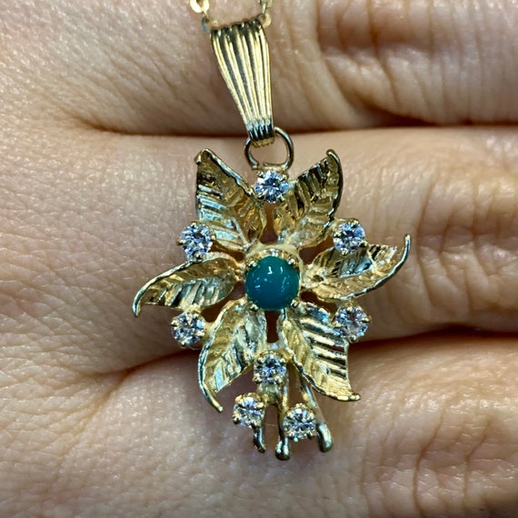 Vintage 14kt Yellow Gold Floral Turquoise And Dia… - image 4