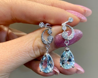 14kt White Gold Vintage Style Aquamarine And Diamond Drop Earrings