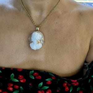Vintage 14kt Yellow Gold Cameo Brooch/ Pendant Depicting Woman Holding Spear With Leaves in Her Hair. With Gold Rope Chain.