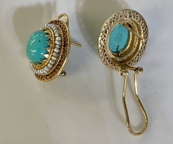 14kt Yellow Gold Vintage Turquoise And Seed Pearl… - image 4
