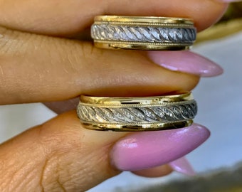 His And Hers 14kt Yellow & White Gold 6mm Engraved Design Band with Milgrain
