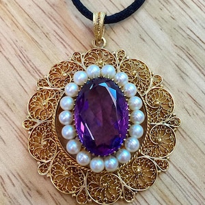 Vintage 14kt Yellow Gold Filigree Amethyst And Cultured Pearl Pendant- Has Matching Ring
