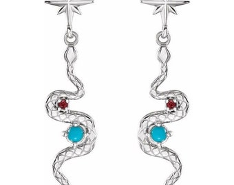 14kt Yellow, Rose Or White Gold Natural Turquoise & Natural Ruby Snake Drop Earrings