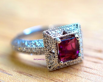14kt White Gold Princess Cut Pink Tourmaline And Diamond Ring