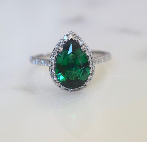 White Gold Pear Shape Imitation Emerald and Natural Diamond Ring