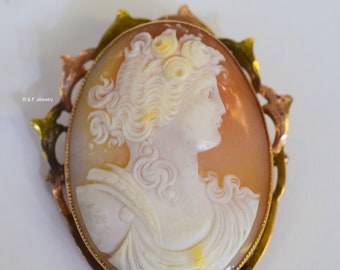 May include: A gold-toned cameo brooch featuring a carved shell cameo of a woman's profile with a floral design. The cameo is set in a gold-toned frame with a pearl accent.